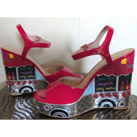 KATE SPADE TACO TRUCK DORA WEDGE ESPADRILLE PLATFORM SANDAL RED PATENT 6M - Picture 9 of 13